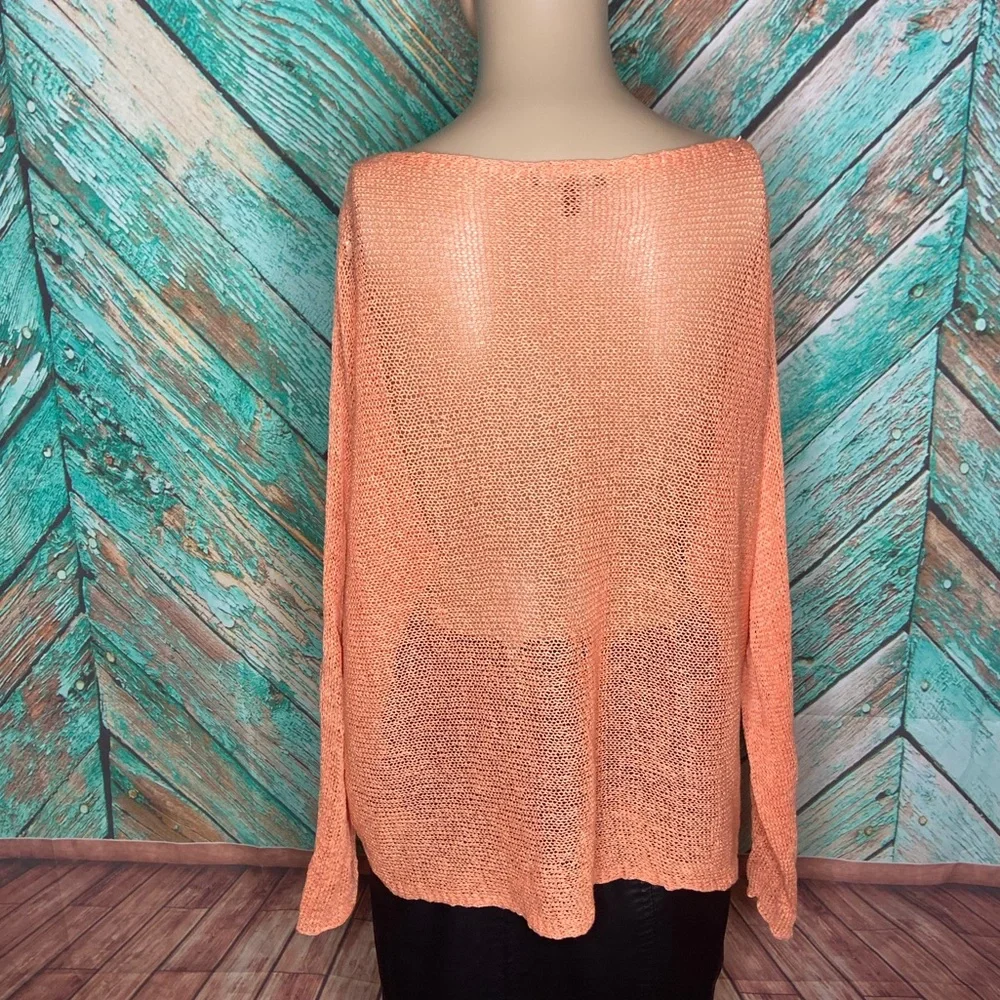 Eileen Fisher Orange Sherbet Sheer Linen Blend Open Weave Sweater - Picture 5 of 8